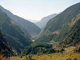503 Looking Down The Kali Gandaki Valley From Above Lete Up at 5:40 at Shepherd�s Kharka. Sun hit the summit of Dhaulagiri at 6:12 - another perfect sunrise. Breakfast: Noodle soup, fried egg on chapatti. Left at 8:00, arrived at the Tangdung Khola (2450m) at 9:30, Choya at 11:00, and arrived at our lunch stop at Namaste Guest House in Lete at 12:10. As we neared Lete, we could see the way we would continue south from Lete down the Kali Gandaki valley.